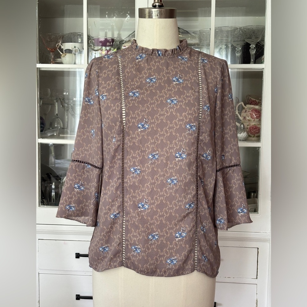 Vintage Style High Neck Blouse Floral Chintz Print with Bell Sleeves